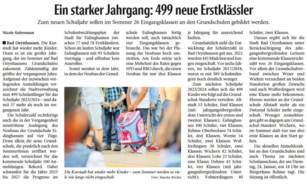 Zeitungsbericht "Ein starker Jahrgang: 499 Erstklässler" der Neuen Westfälischen vom 18.01.2023 über die Grundschule Eidinghausen