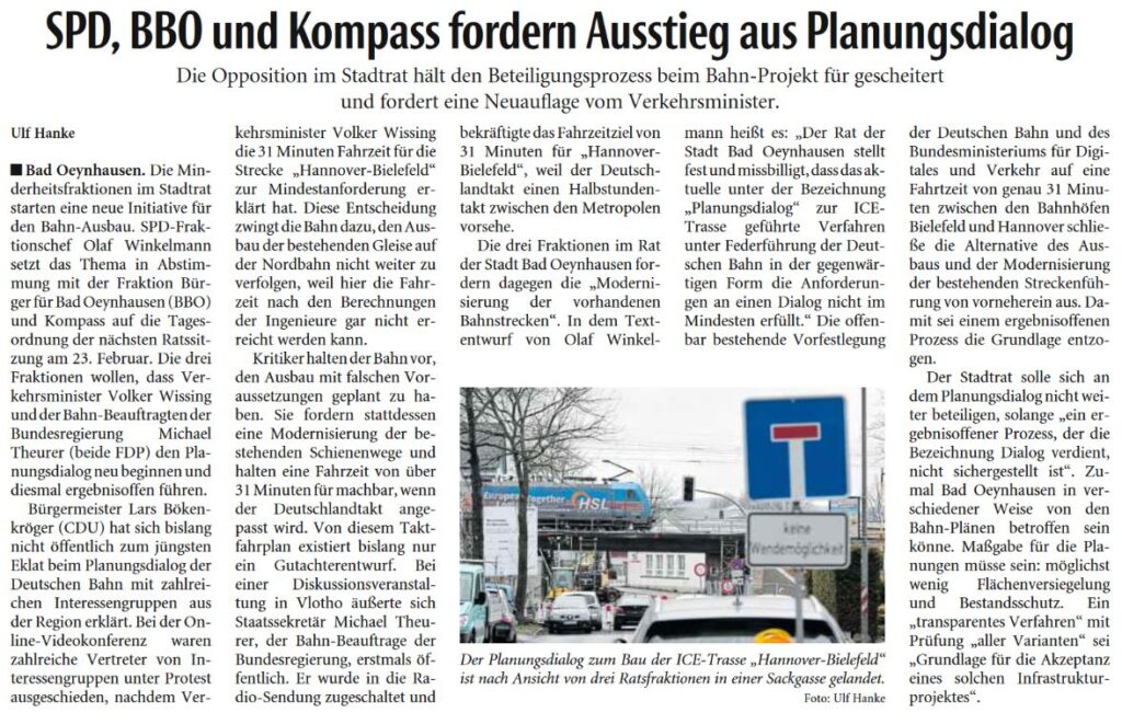 SPD, BBO und Kompass fordern Ausstieg aus Planungsdialog - Pressartikel der NW vom 11.02.2023