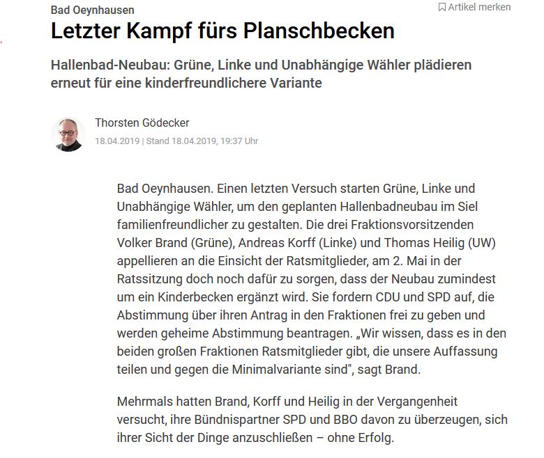 Letzter Kampf fürs Planschbecken - Presseartikel der Neuen Westfälischen vom 18.04.2019